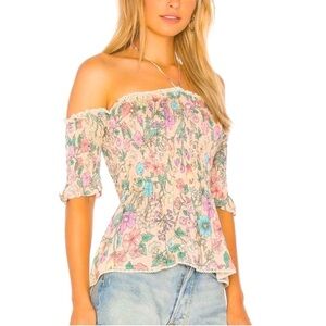 🆕✨ SPELL Sayulita Ruched Cami Musk Ruffle Floral Bloom Top Blouse - L - NWT